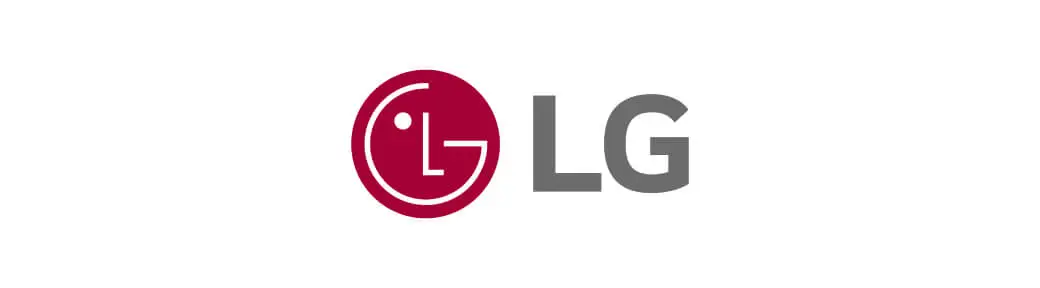 L'image montre le logo LG, composé d'un cercle rouge stylisé avec le contour blanc d'un visage souriant et les lettres « L » et « G » en forme de traits du visage. Les lettres « LG » en gris sont positionnées à droite du cercle.